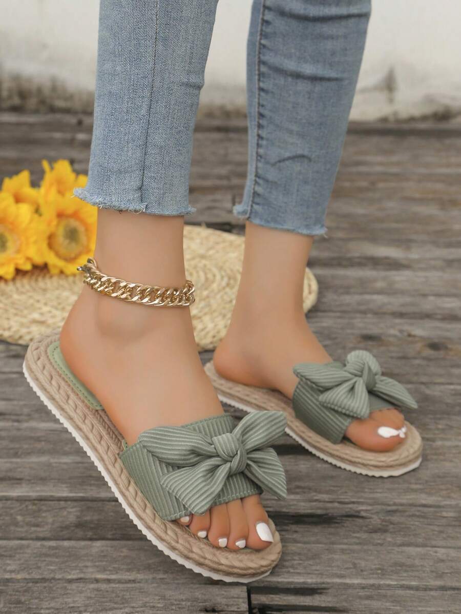 Women Bow Decor Flat Sandals, Lightweight Summer Slippers, Non-Slip Ladies Beach Shoes