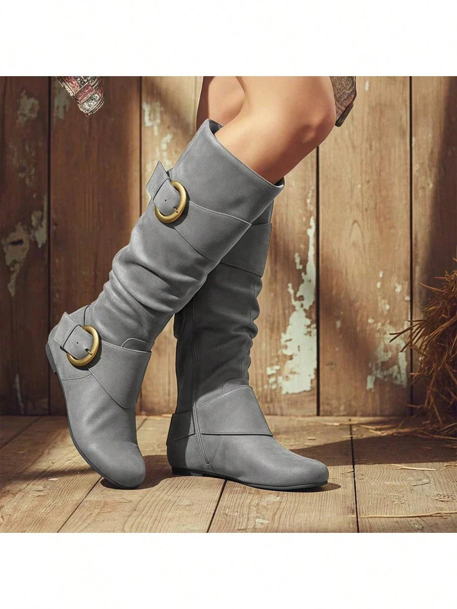 lunryet Women's Closed Round Toe Buckle Side Zip Buckle Slouch Flat Heel Mid-Calf Boot SHELLY