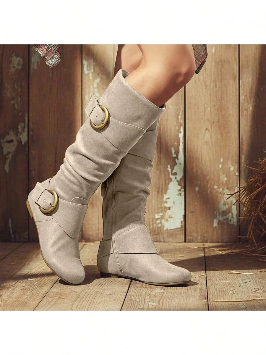lunryet Women's Closed Round Toe Buckle Side Zip Buckle Slouch Flat Heel Mid-Calf Boot SHELLY