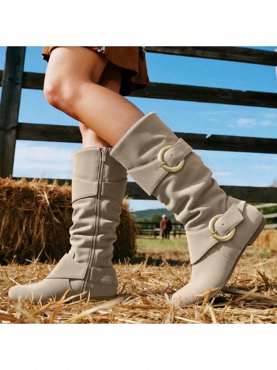 lunryet Women's Closed Round Toe Buckle Side Zip Buckle Slouch Flat Heel Mid-Calf Boot SHELLY