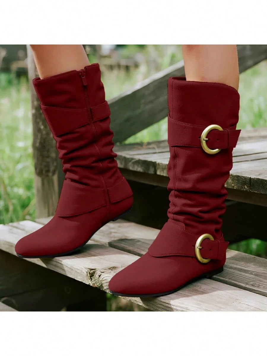 lunryet Women's Closed Round Toe Buckle Side Zip Buckle Slouch Flat Heel Mid-Calf Boot SHELLY