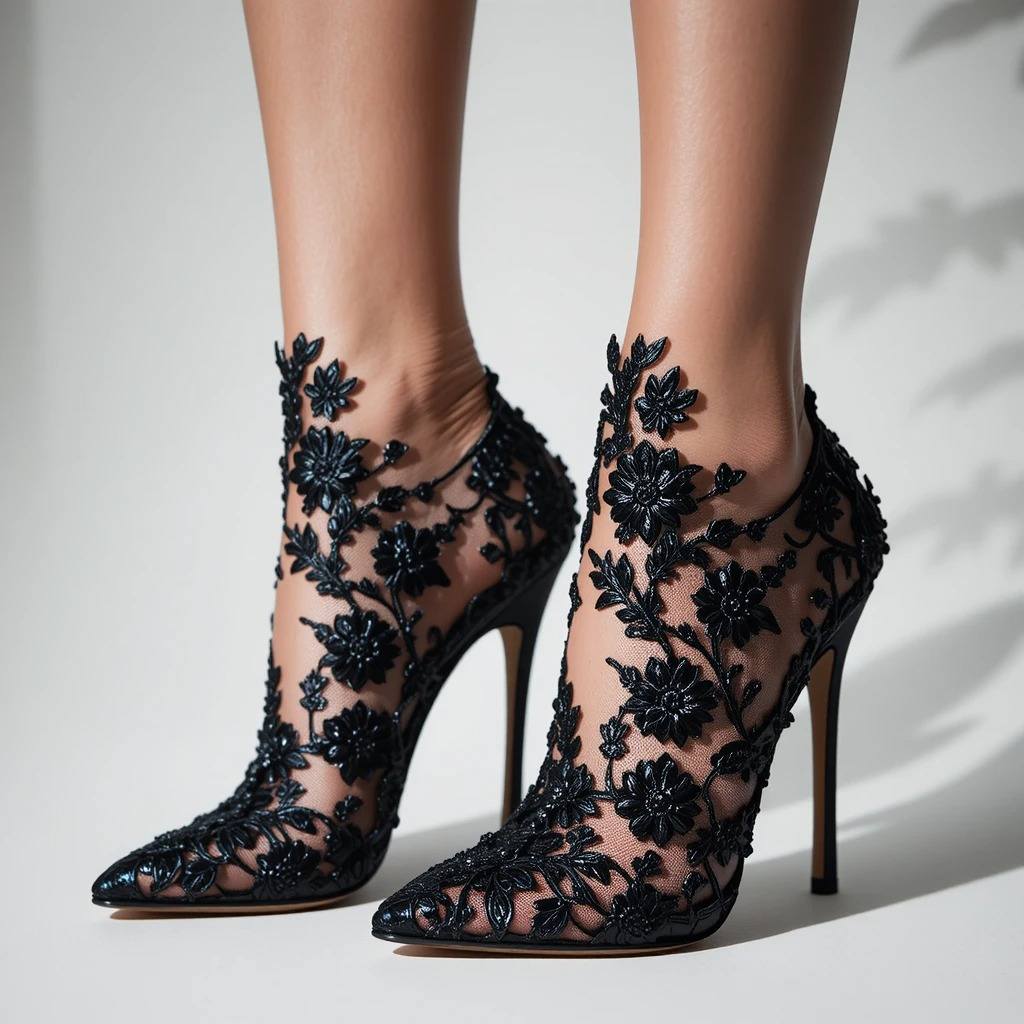 Embroidered Mesh Stiletto Boot-Heels with Black Floral Detailing
