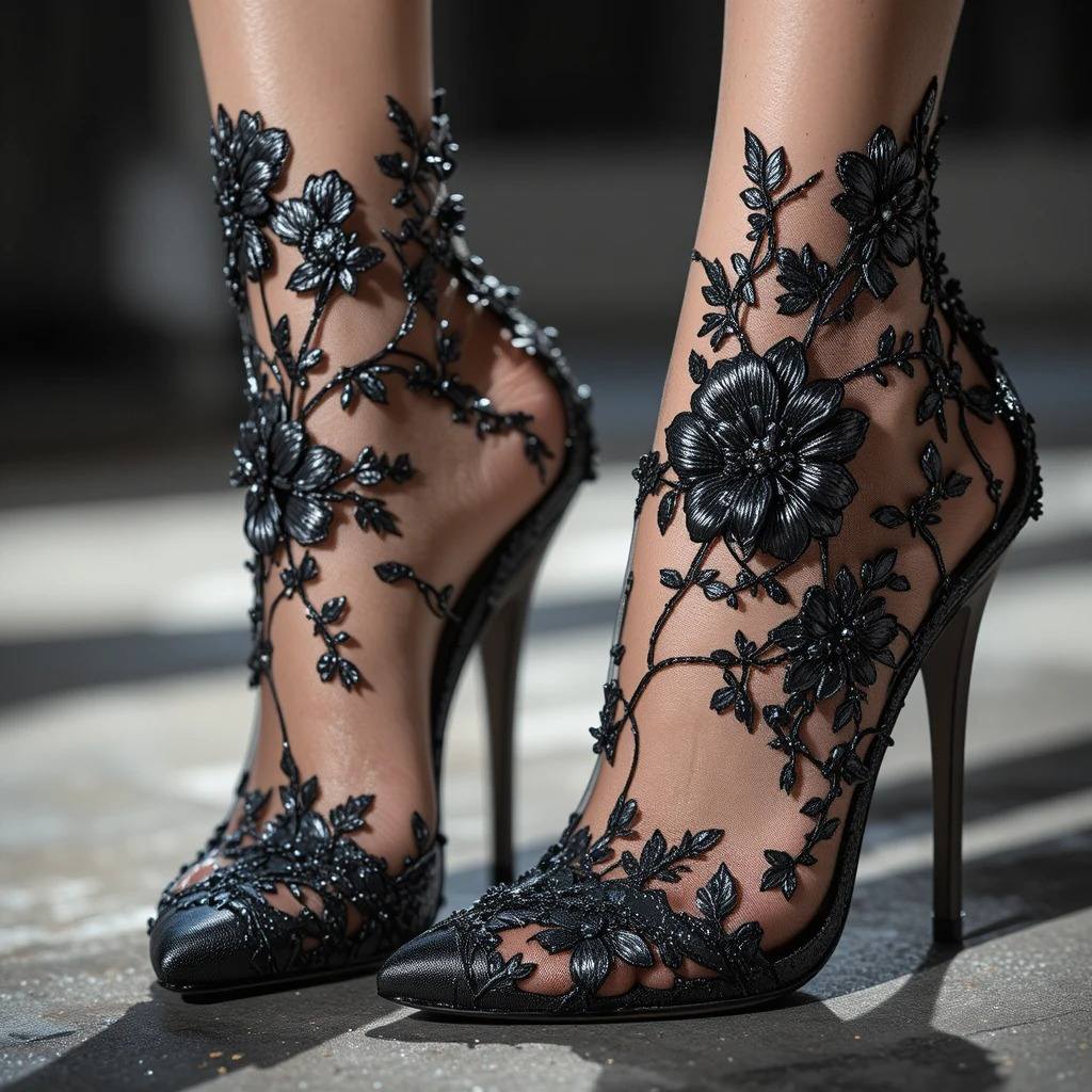 Embroidered Mesh Stiletto Boot-Heels with Black Floral Detailing
