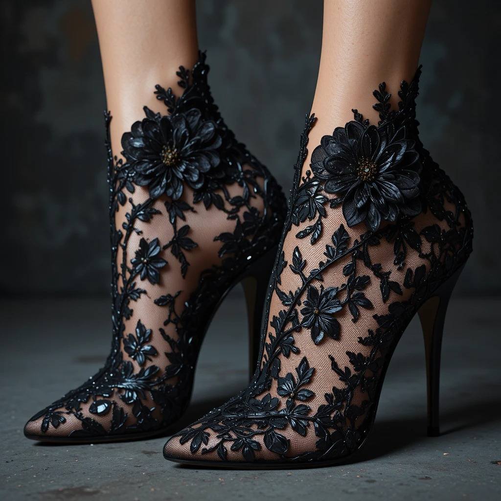 Embroidered Mesh Stiletto Boot-Heels with Black Floral Detailing