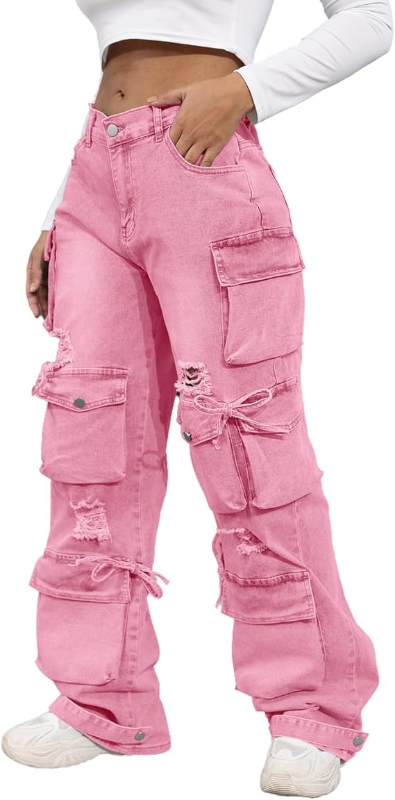 ThusFar Women's High Waist Baggy Jeans Flap Pocket Cargo Pants Loose Denim Pants Streetwear