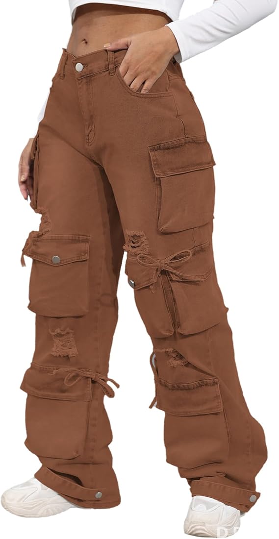 ThusFar Women's High Waist Baggy Jeans Flap Pocket Cargo Pants Loose Denim Pants Streetwear