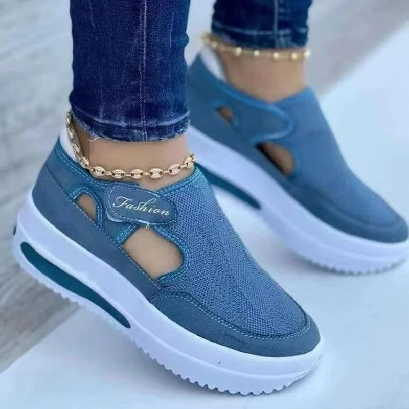 Foreign Trade Large Size Casual Women's Single Shoes 2025 Spring New Color Matching Velcro Thick-soled Breathable Mesh Single Shoes