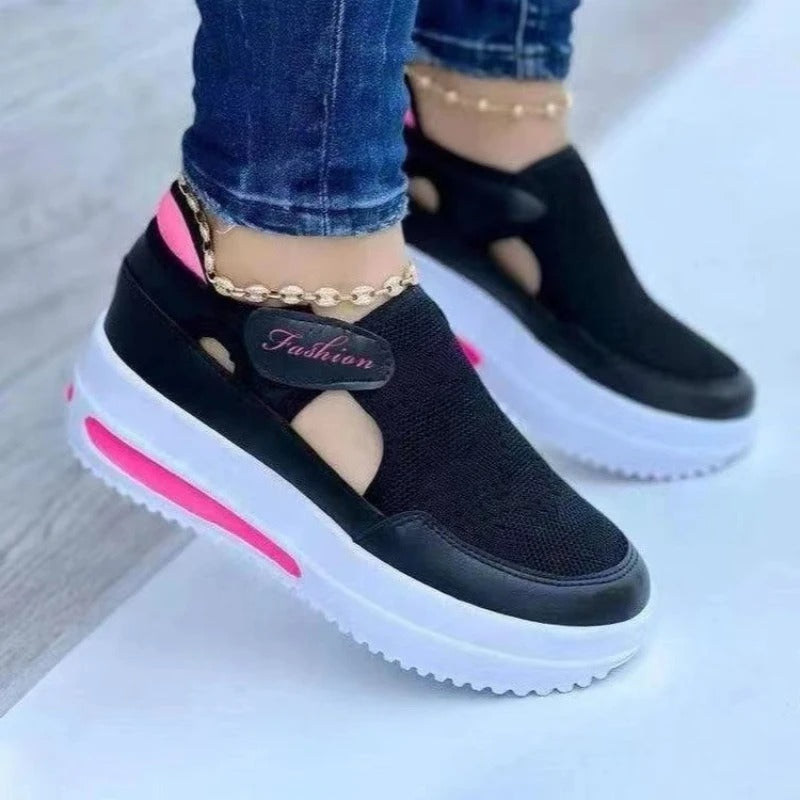 Foreign Trade Large Size Casual Women's Single Shoes 2025 Spring New Color Matching Velcro Thick-soled Breathable Mesh Single Shoes