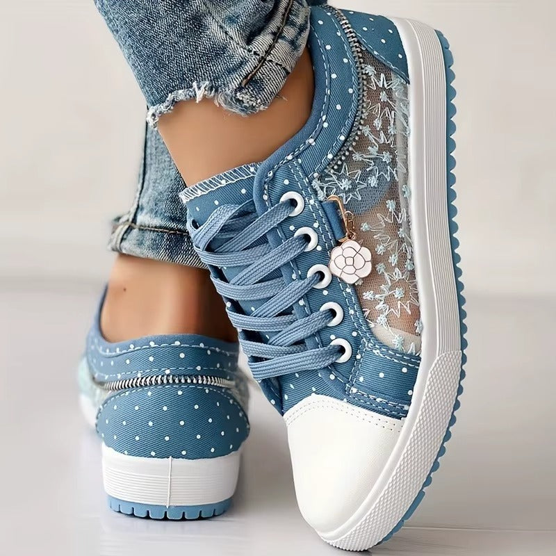 Women's Cutouts Lace Hollow Denim Mesh Shoes Woman Summer Flat Casual Shoes Breathable Cloth Shoes Student Sneakers