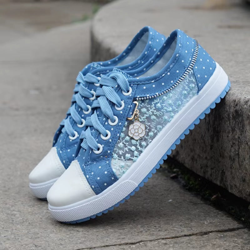 Women's Cutouts Lace Hollow Denim Mesh Shoes Woman Summer Flat Casual Shoes Breathable Cloth Shoes Student Sneakers